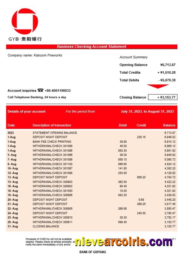 Bank of Guiyang firm account statement